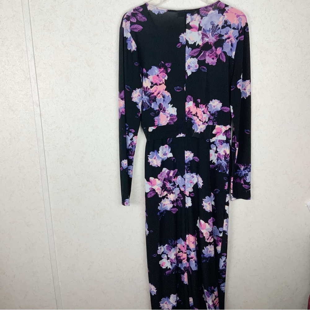 Jennifer Lopes Black Floral Long Sleeve Faux Wrap Maxi Dress M Leg Split Wedding - Picture 8 of 10